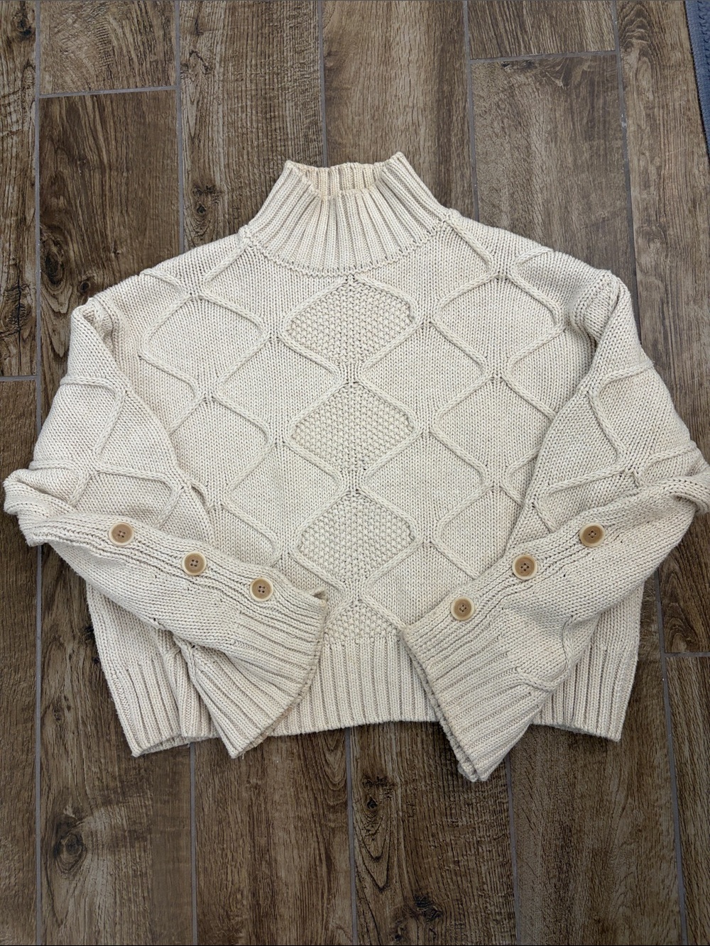 Banana Republic Cream Cable-Knit Turtleneck Sweater with Sleeve Buttons